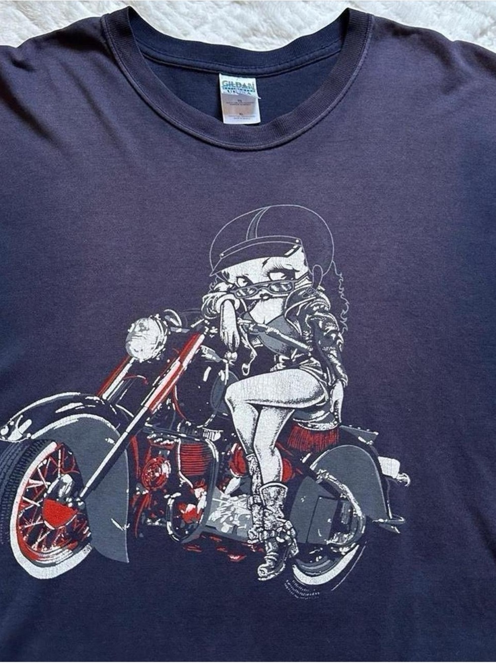 Vintage Gildan Navy Betty Boop Motorcycle Graphic Tee XL